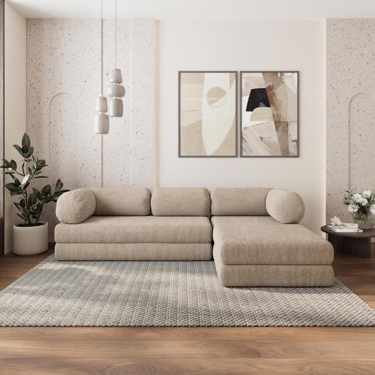 ECKSOFA KELI modulares Boneless Sofa mit Schlaffunktion Beige Boucle-Stoff - Beige, Textil (270/160cm) - MASSENO