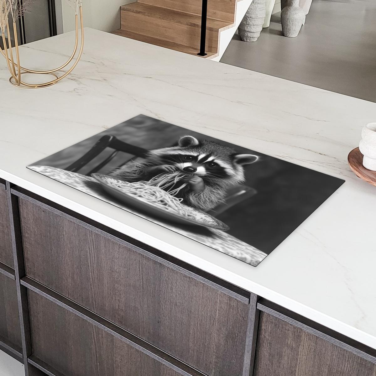 HERDABDECKPLATTE Waschbär - Niedlich - Pasta - Tischtuch - Schwarz - Weiß Induktionsschutz 91.2x52 cm - Grau, Kunststoff (91.2/52/0.2cm) - MuchoWow