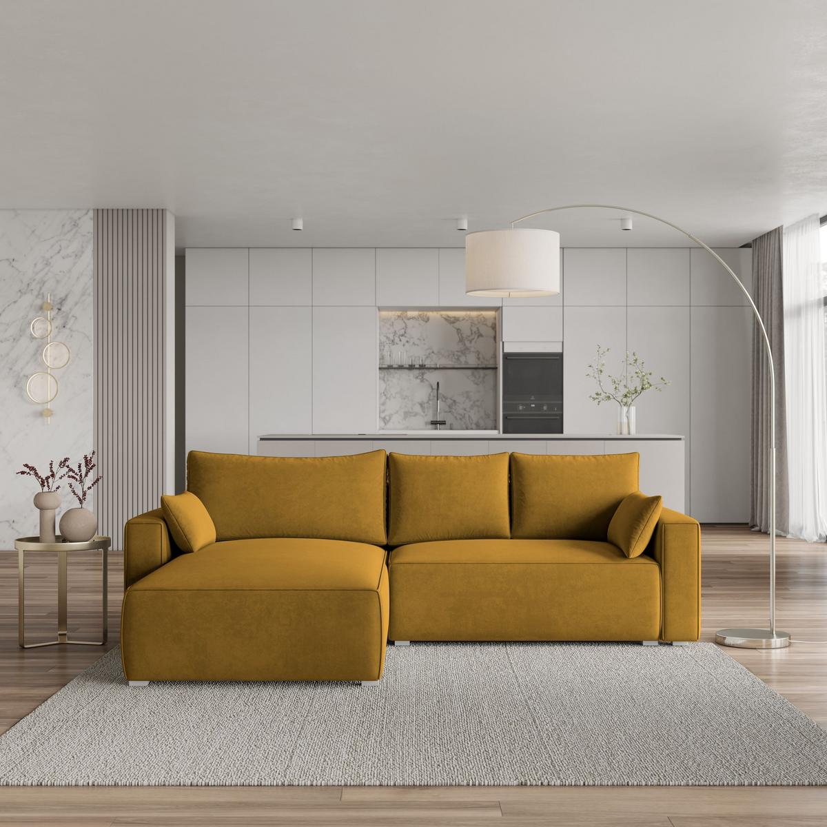 ECKSOFA FORIL Gelb Velours-Stoff mit Schlaffunktion - Gelb/Grau, Holz/Kunststoff (265/178cm) - MASSENO