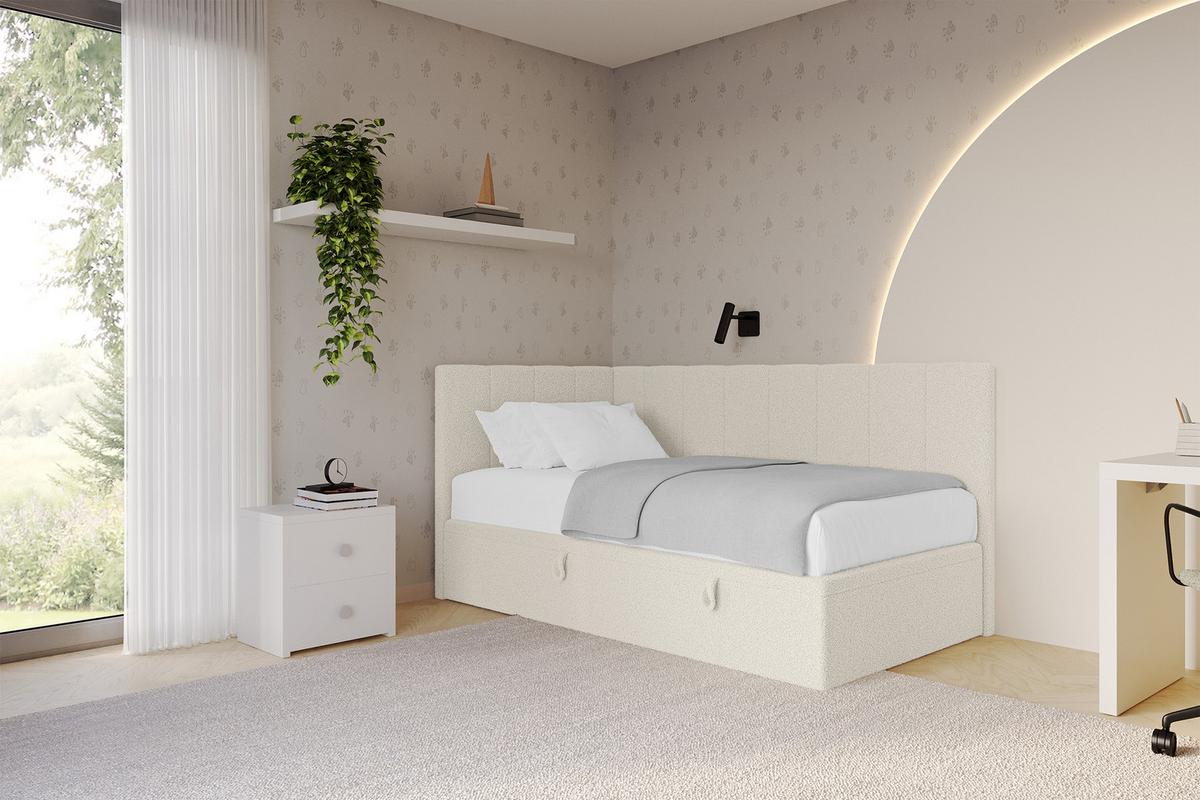 EINZELBETT Jugendbett mit Bettkasten Rechts, ohne Matratze - LOVY 90x200 Beige - Hellbraun, Holzwerkstoff/Textil (90/200cm) - ALTDECOR
