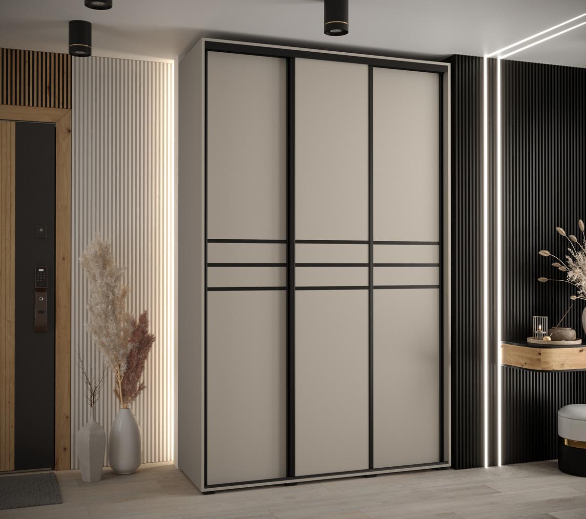 SCHWEBETÜRENSCHRANK 235,2/160/60 3-türig - Kaschmir/Schwarz, Holz/Metall (160/235.2/60cm) - MÖBEL KRYSPOL