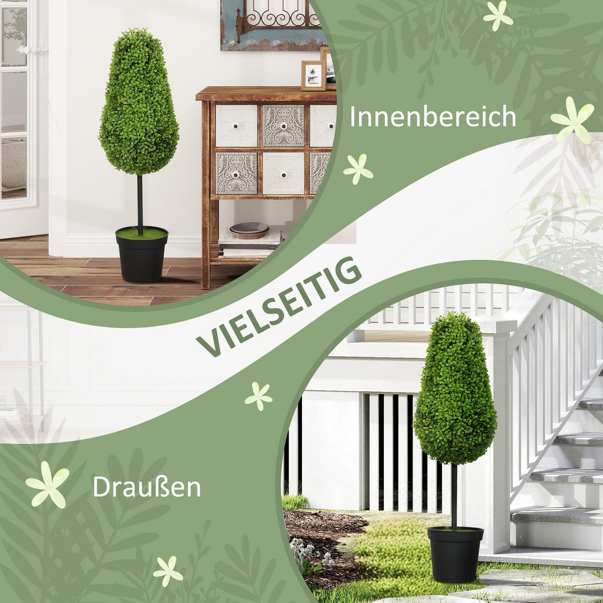 2ER Set Künstliche Buchsbaum 90cm Kunstpflanze in Tränenform Fake Plant wie echt - Schwarz/Grün, Kunststoff (90cm) - HOMCOM