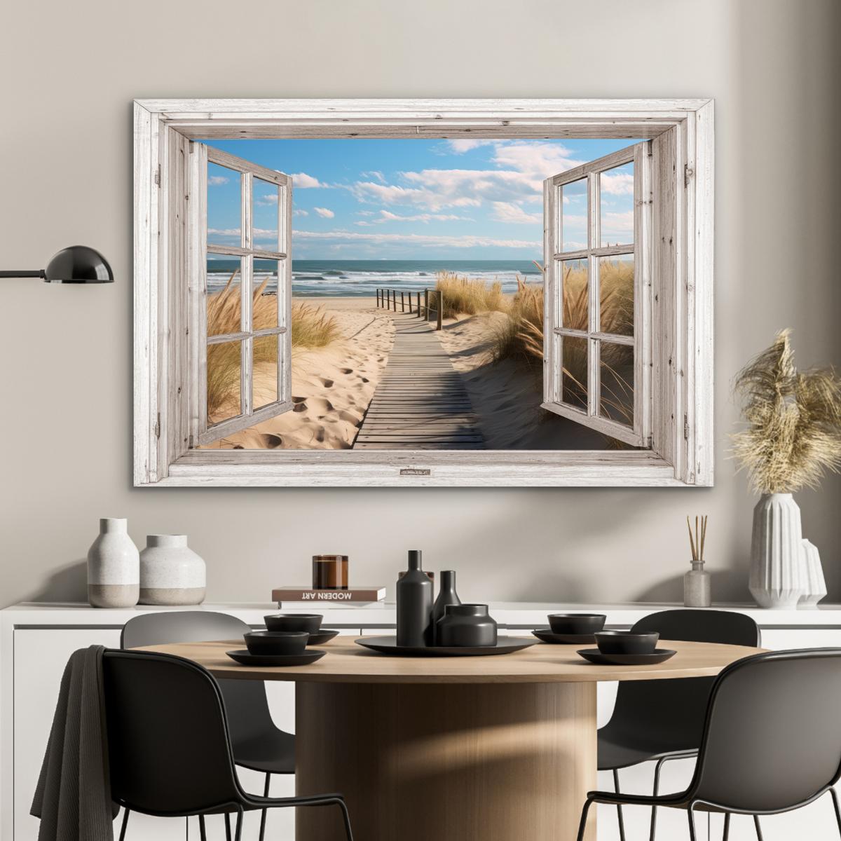 METALLBILD Fenster - Meer - Küste - Natur - Ausblick - Strand - Wattenmeer Wanddeko 90x60 cm - Beige, Metall (90/60cm) - MuchoWow