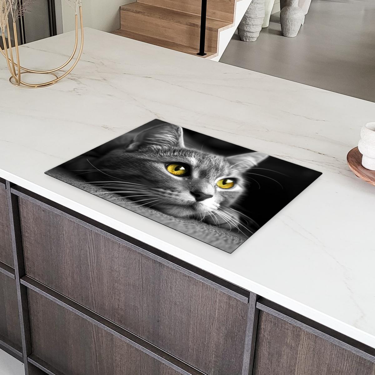HERDABDECKPLATTE Katze - Grau - Tiere - Katze Herdabdeckung Induktionsfeld 75x52 cm - Grau, Kunststoff (75/52/0.2cm) - MuchoWow