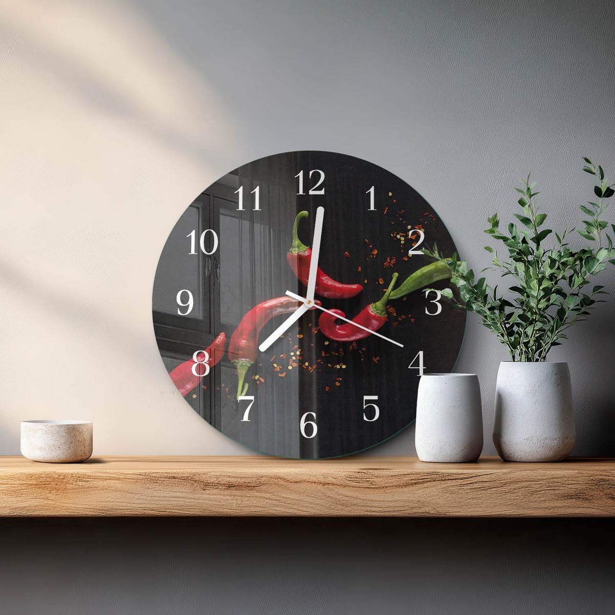 WANDUHR aus Glas Ø30 cm - Chilischoten - Schwarz, Glas (30/30/0.4cm) - TULUP