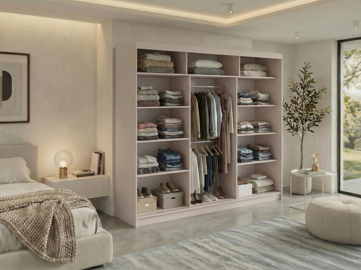 SCHWEBETÜRENSCHRANK mit Lamellen LUMOS - 240 - Kaschmir und Eiche Artisan - Kaschmir/Alufarben, Holzwerkstoff/Metall (240/216/61cm) - MKS
