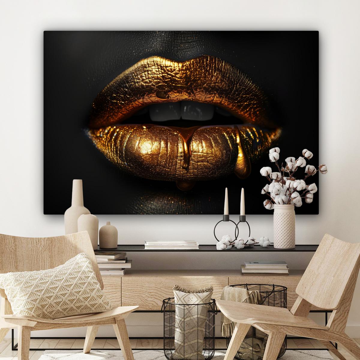LEINWANDBILD Frau - Porträt - Lippen - Gold - Schwarz Groß 140x90 cm - Schwarz, Textil (140/90cm) - MuchoWow