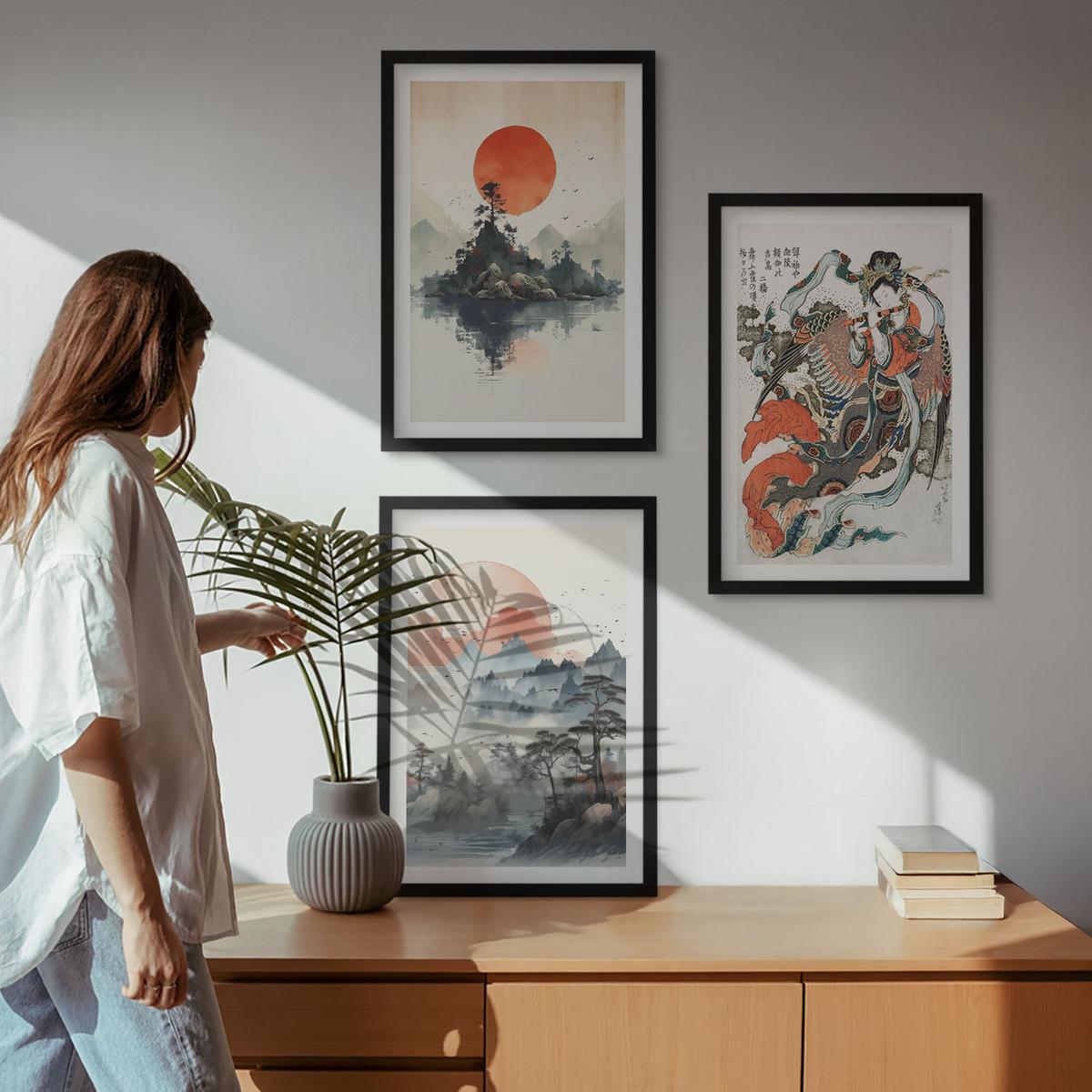 BILDER SET 3er Set - 40x60 cm Schwarzer Rahmen - Asiatische Japandi-Malereien - Schwarz, Kunststoff (40/60cm) - TULUP
