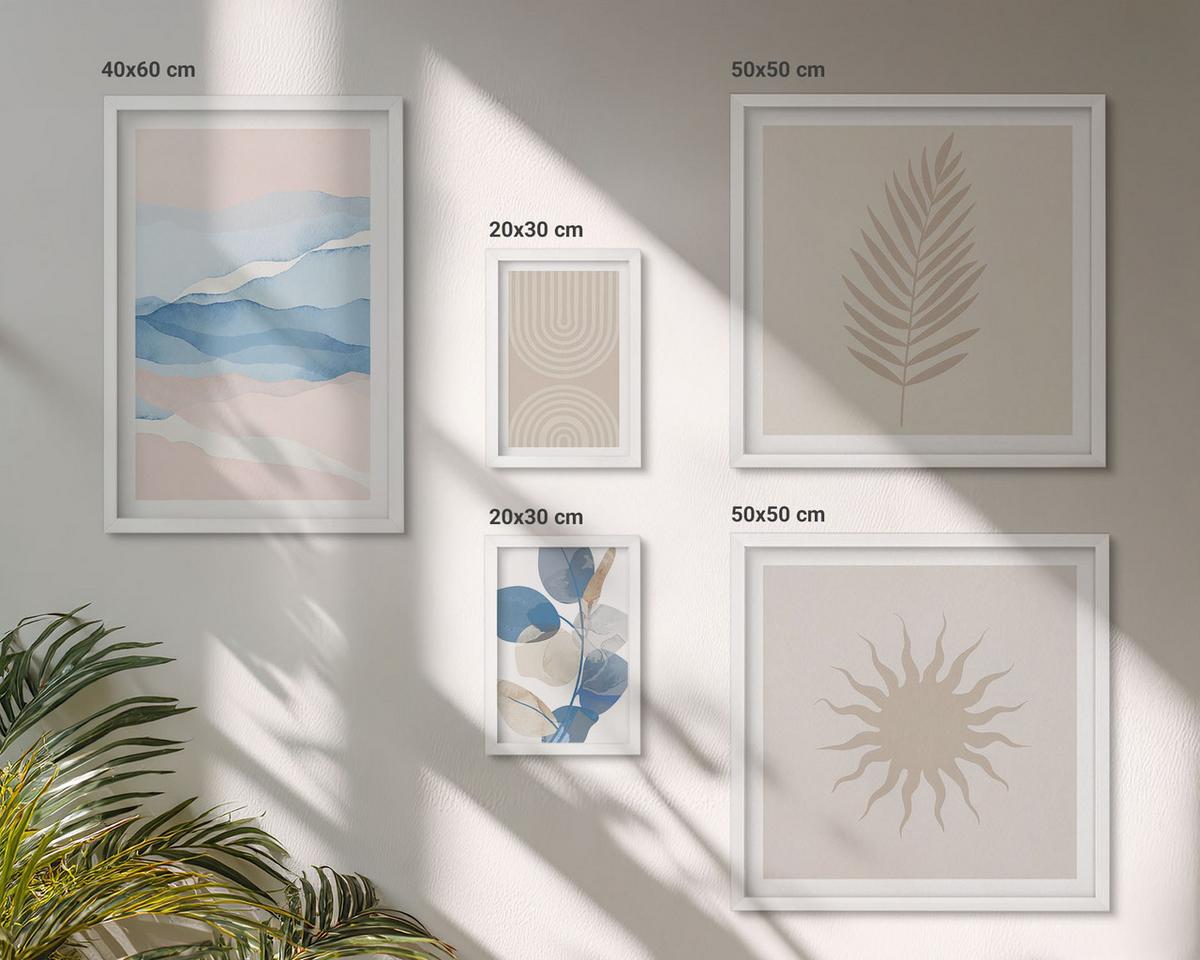 BILDER SET 5er Set - 50x50 cm & 20x30 cm & 40x60 cm Weißer Rahmen - Abstrakte Linien der Sonnenwellen - Weiß, Kunststoff (40/60cm) - TULUP