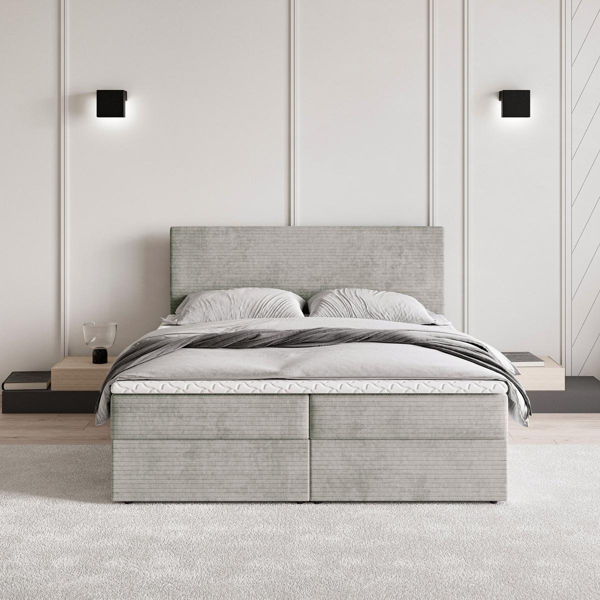 BOXBETT NIRA 180x200 cm mit Matratze und Topper - Hellgrau - Hellgrau, Holz (180/200cm) - MASSENO