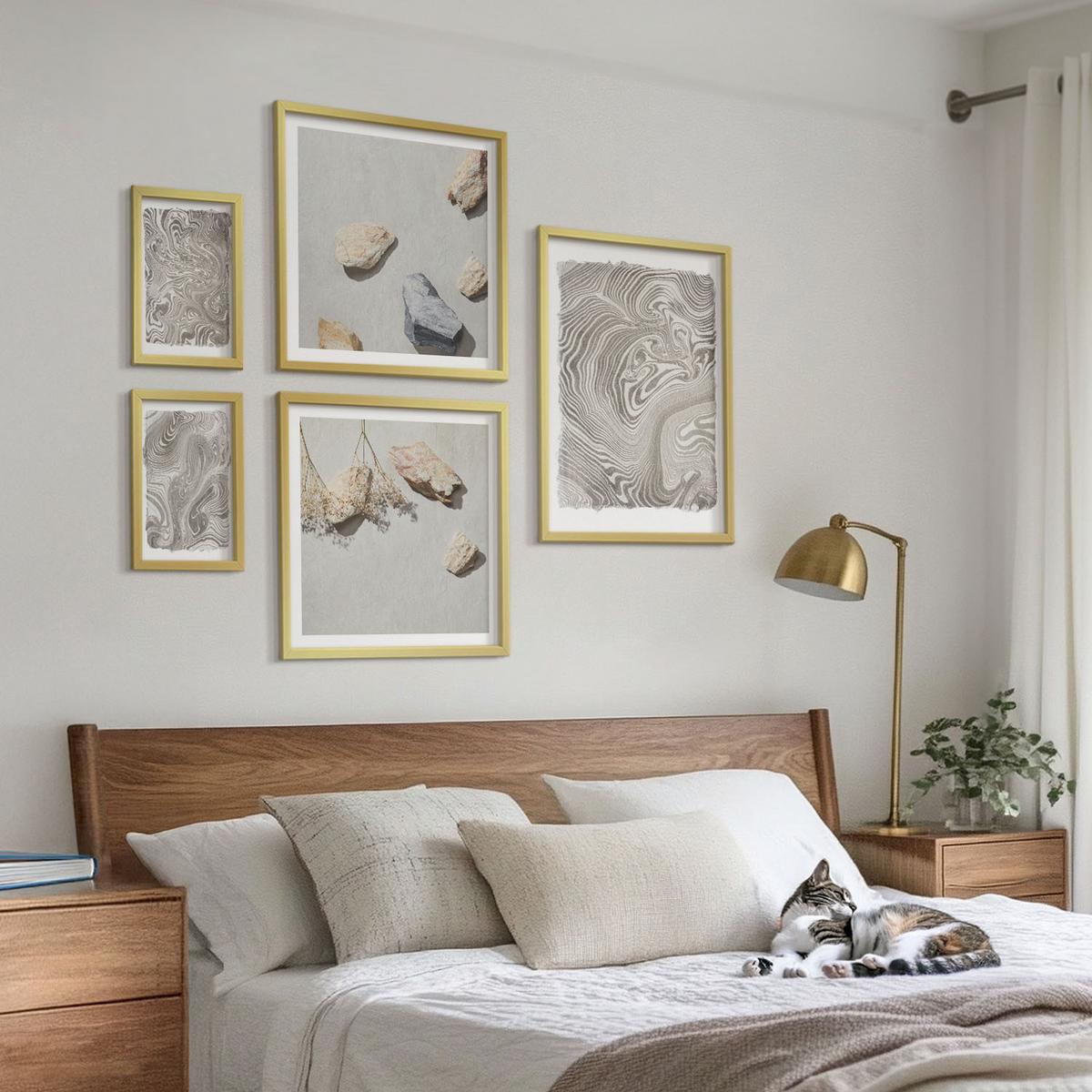 BILDER SET 5er Set - 50x50 cm & 20x30 cm & 40x60 cm Goldrahmen - Moderne abstrakte Formen - Goldfarben, Kunststoff (40/60cm) - TULUP