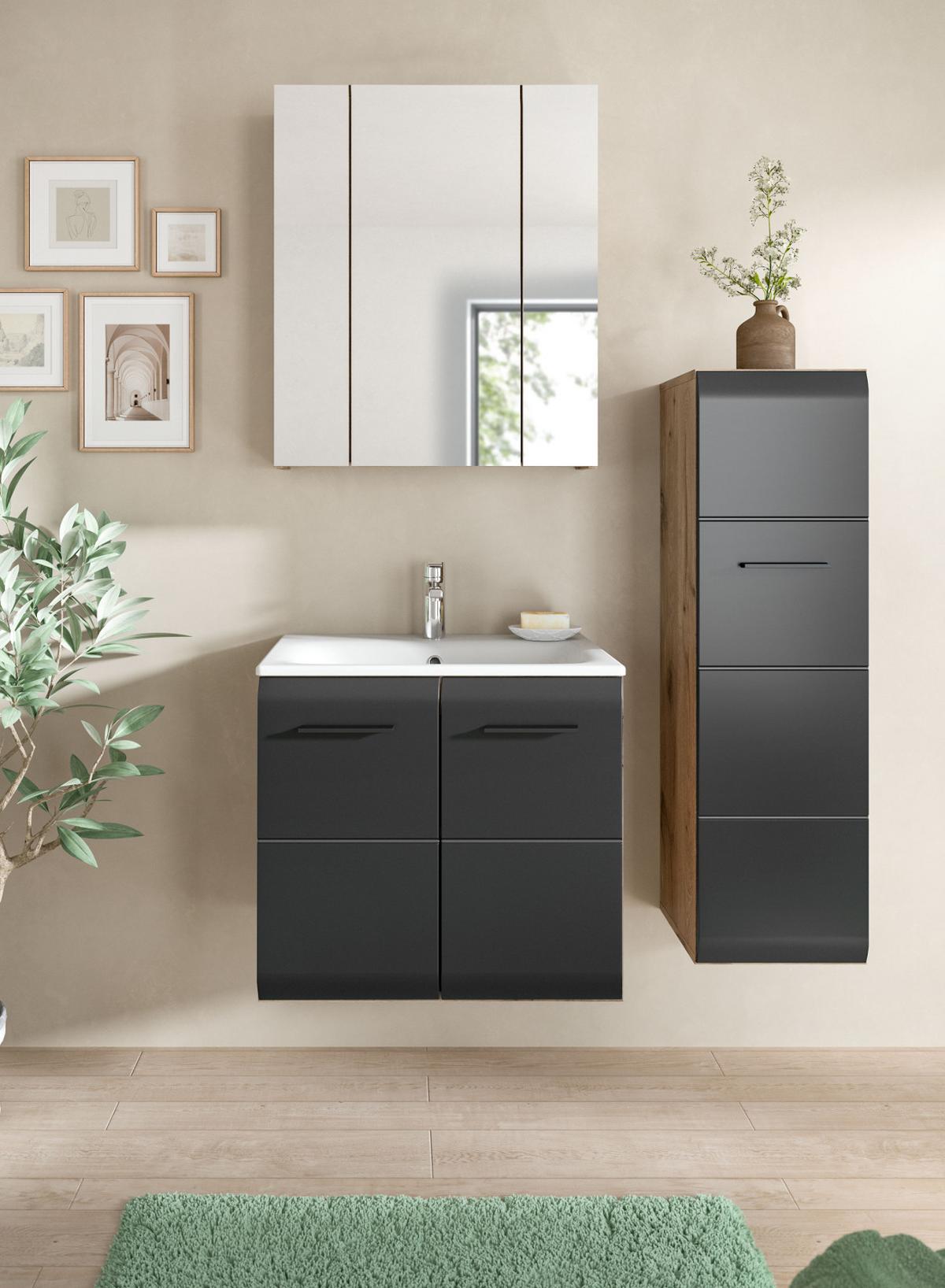 MIDISCHRANK schwarz matt, Eiche, Bad Kommode hängend / stehend 30 cm - Eichefarben/Schwarz, Holzwerkstoff/Kunststoff (30/106/30cm) - Inn.Furn