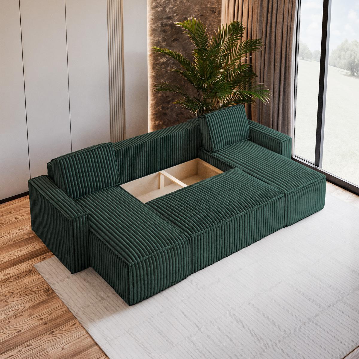 WOHNLANDSCHAFT PESANO T Grün Kordstoff mit Schlaffunktion - Grau/Grün, Holz/Kunststoff (306/85/140cm) - MASSENO
