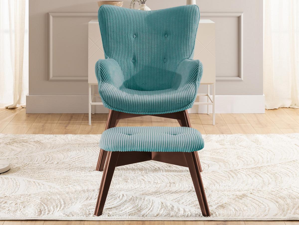 LOUNGESESSEL mit Fußhocker Lenari Türkis Cordstoff mit Füßen in Braun - Türkis/Braun, Holz/Textil (71/96/86cm) - S-Style Möbel