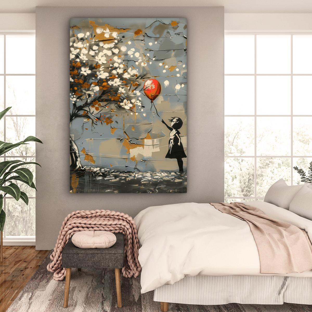 LEINWANDBILD Baum - Graffiti - Banksy-Stil - Ballon-Mädchen Deko Groß 90x140 cm - Blaugrau, Textil (90/140cm) - MuchoWow
