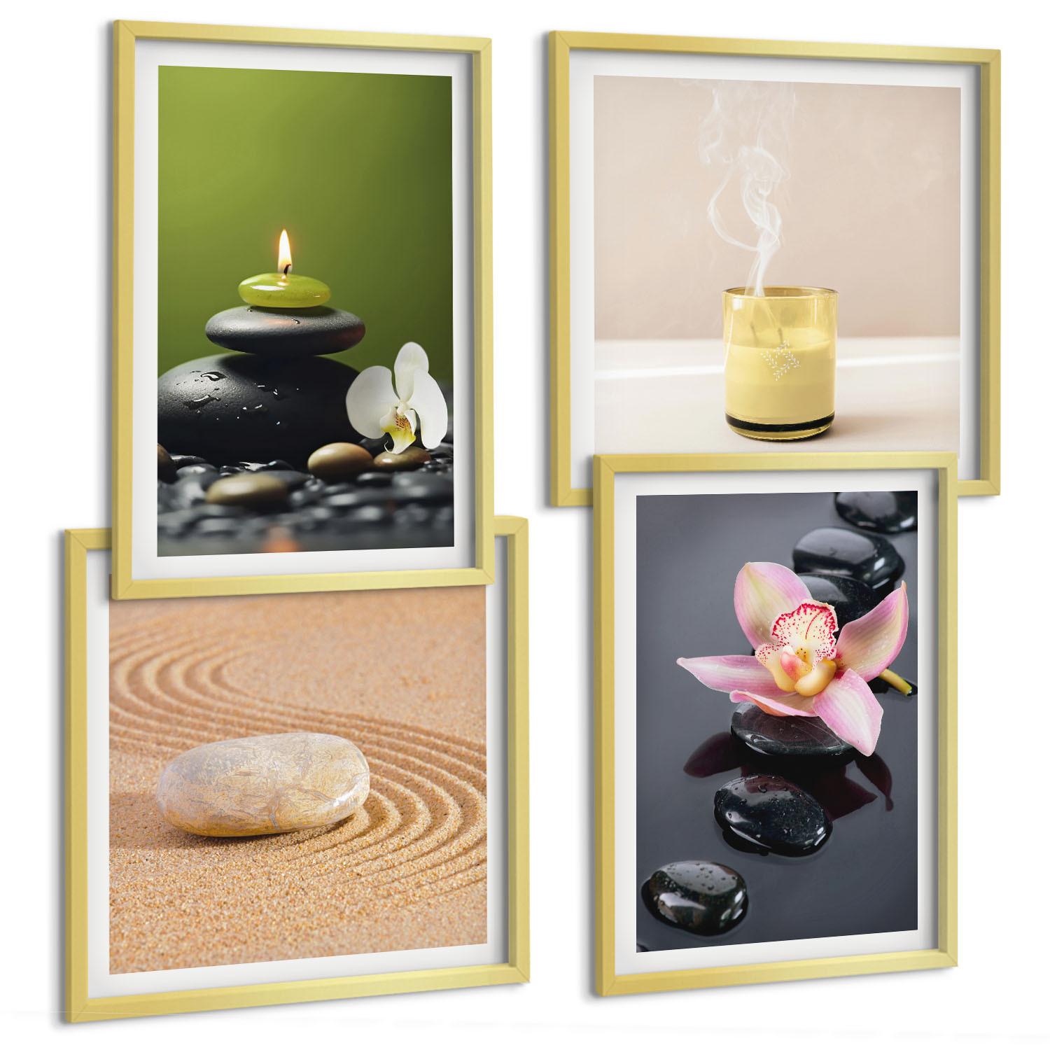 BILDER SET 4er Set - 50x50 cm & 40x60 cm Goldrahmen - Entspannende Zen-Steine für inneren Frieden - Goldfarben, Kunststoff (50/50cm) - TULUP