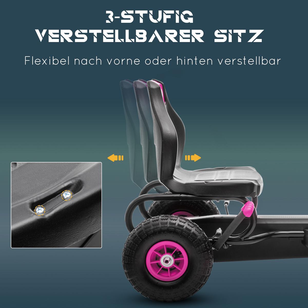 GOKART, Kinderfahrzeug mit verstellbarem Schalensitz, Tretauto, Rosa - Rosa, Metall (121/58/61cm) - HOMCOM