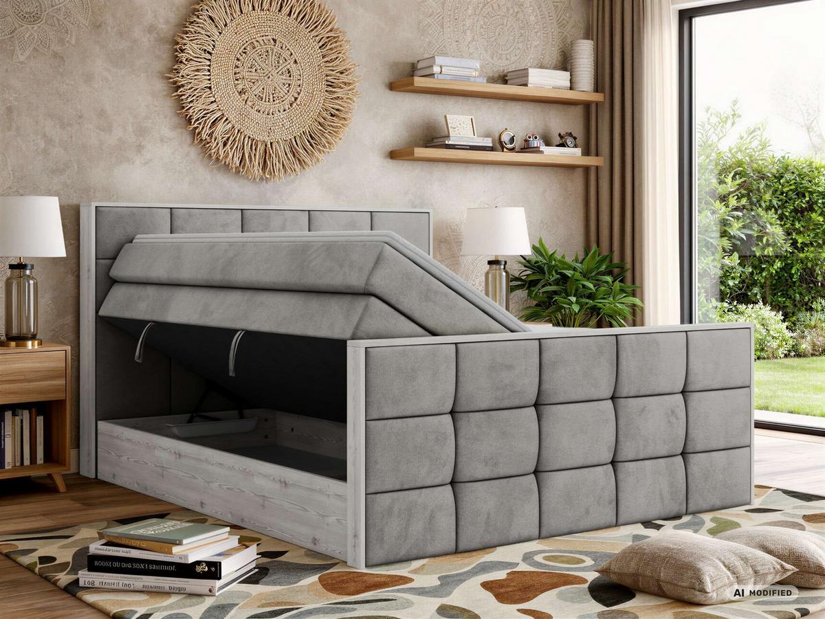 BOXSPRINGBETT ALNOR KING DUO 140/200 - Hellgrau Velvet - Topper Visco - H3 - Hellgrau/Schwarz, Kunststoff/Textil (140/200cm) - MKS