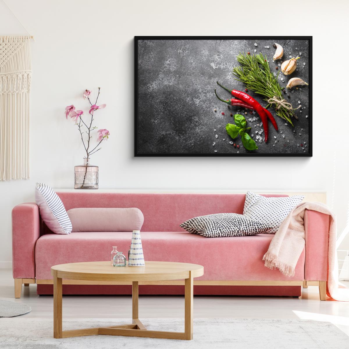 POSTER MIT RAHMENGERAHMTES BILD Pfeffer - Kräuter - Gewürze - Beton 120x80 cm - Dunkelgrau, Papier (120/80cm) - MuchoWow