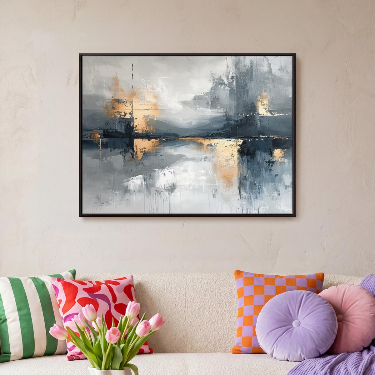 LEINWAND Bilder mit Rahmen - Kunst - Grau - Gold - Abstrakt - 70x50 - Dunkelgrau, Textil (70/50cm) - MuchoWow