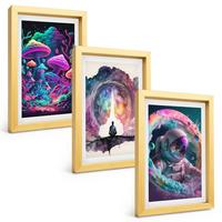 BILDER SET 3er Set - 20x30 cm Goldrahmen - Farbenfrohe Fantasy-Kunstillustrationen - Goldfarben, Kunststoff (20/30cm) - TULUP