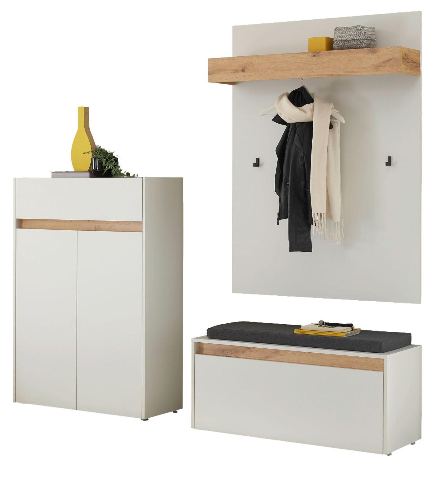 GARDEROBEN-SET weiß matt, Eiche Wotan 4-teilig 195 cm, Sitzbank inklusive Sitzkissen - Eiche Wotan/Schwarz, Holzwerkstoff/Kunststoff (195/200/40cm) - Furn.Design