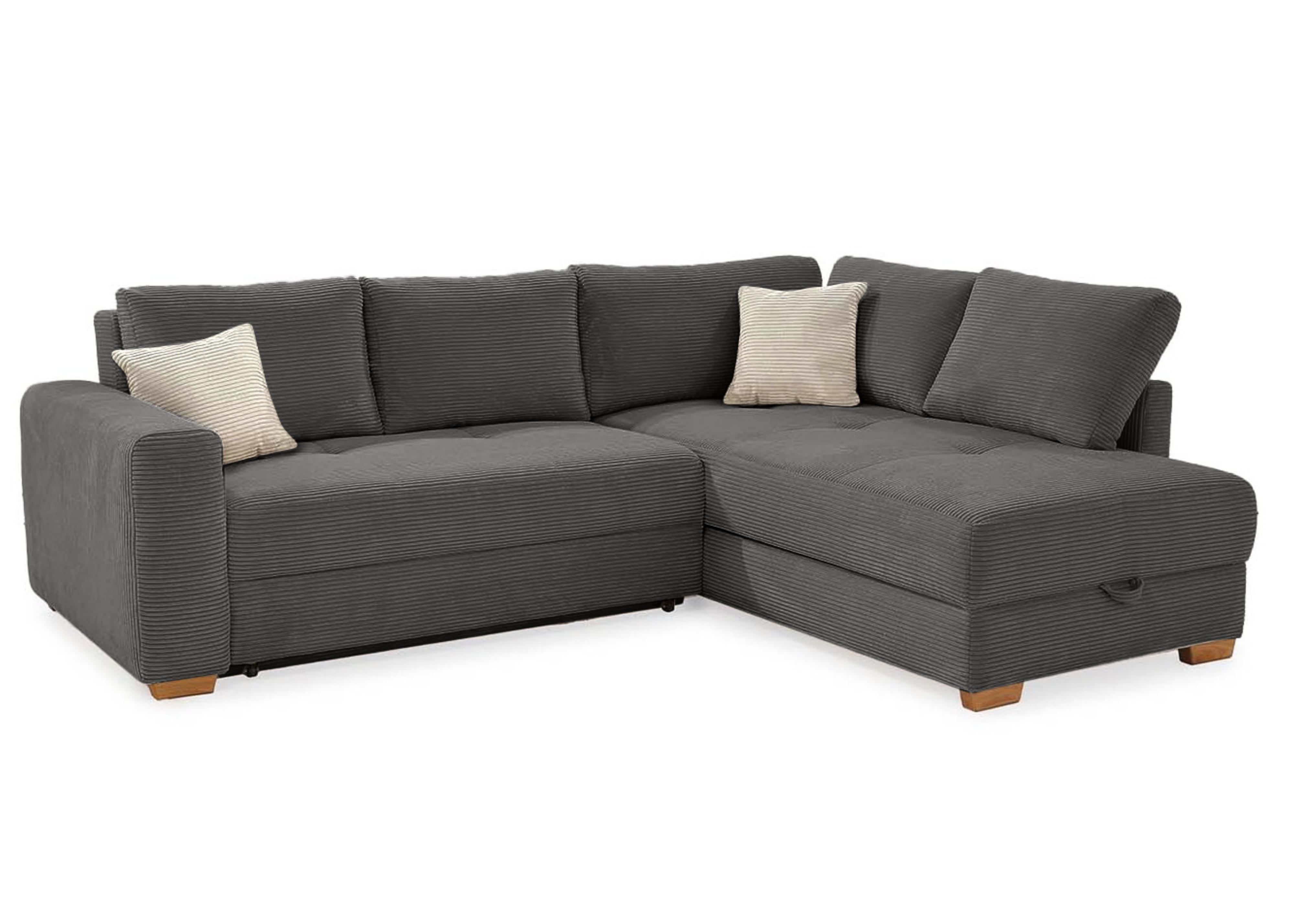ECKSOFA-DAUERSCHLÄFER Boxspring Federkern Topper Bettkasten, seitenverkehrt montierbar B257/T206/H85 cm, Cord Dunkelgrau / 15211 - Dunkelgrau/Eichefarben, Holz/Textil (257/206cm) - luma-home