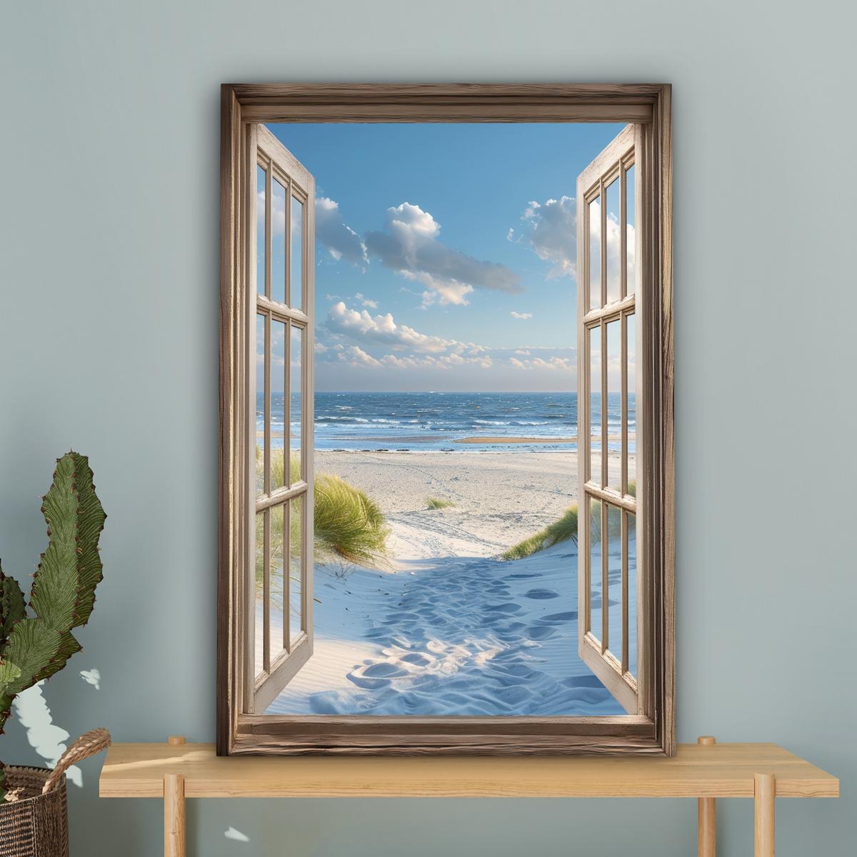 LEINWANDBILD Aussicht - Strand - Fenster - Dünen - Meer Wanddeko 40x60 cm - Hellblau, Textil (40/60cm) - MuchoWow