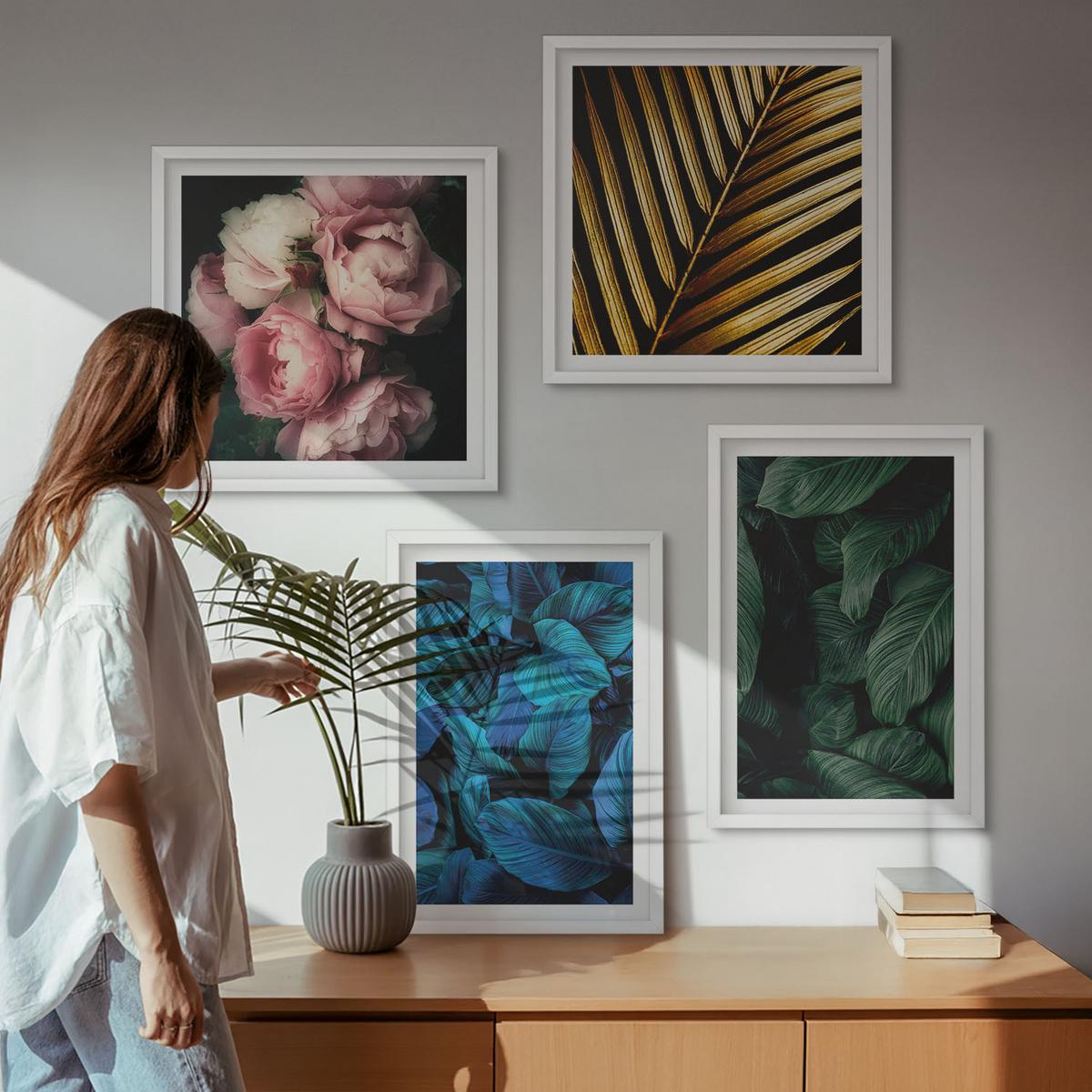 BILDER SET 4er Set - 50x50 cm & 40x60 cm Weißer Rahmen - Blätter und Blüten in verschiedenen Farben - Weiß, Kunststoff (50/50cm) - TULUP