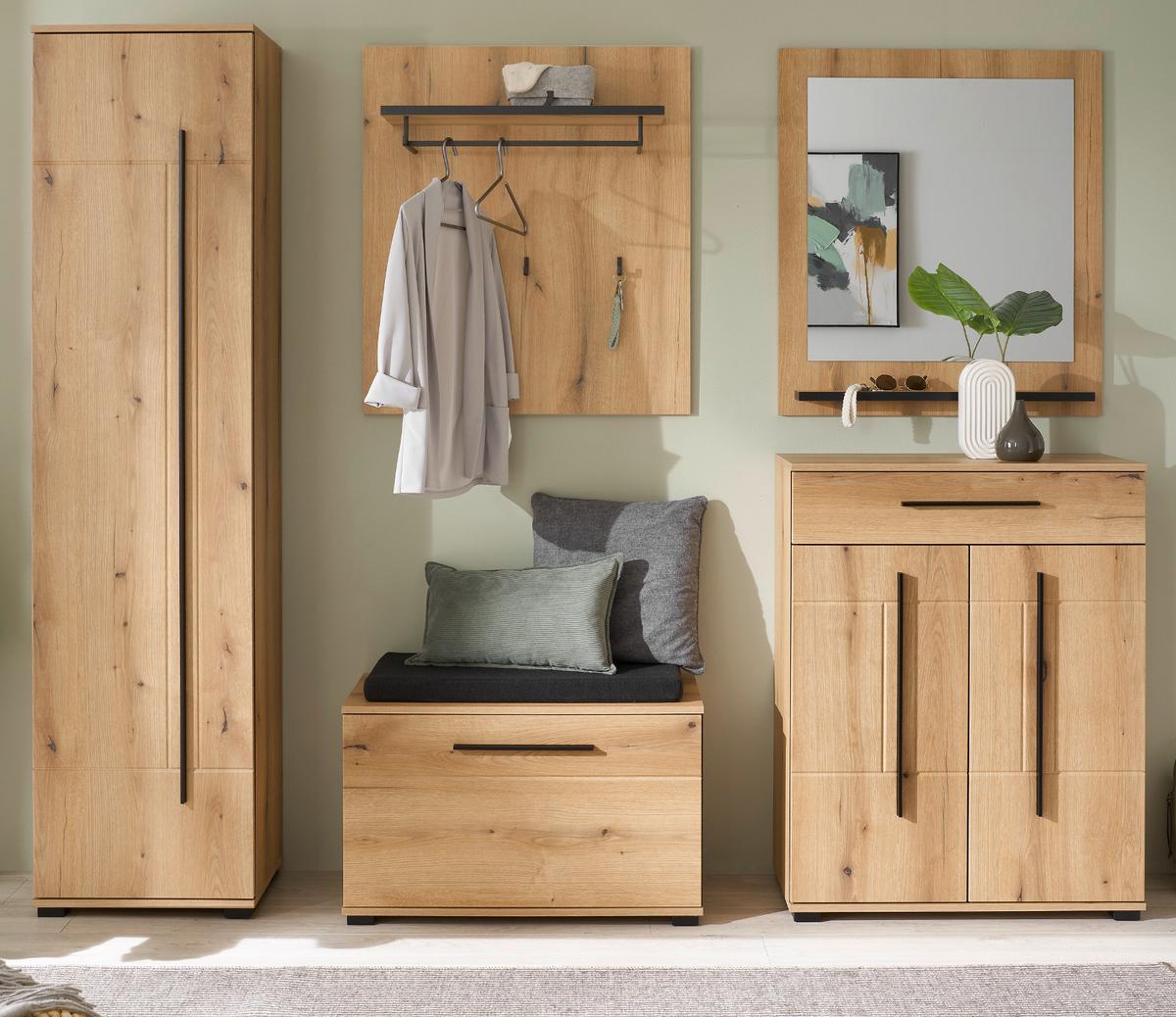 GARDEROBEN-SET Evoke Eiche 6-teilig 230 cm, Flurgarderobe mit Soft-Close - Dunkelgrau/Eichefarben, Glas/Holzwerkstoff (230/200/40cm) - Furn.Design