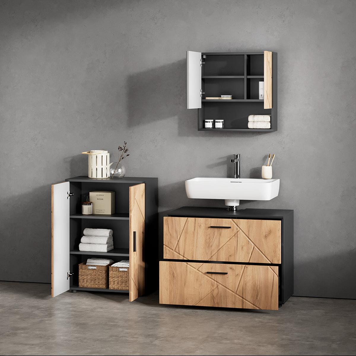 BADMÖBEL-SET Ronco Goldkraft Eiche/Anthrazit 3 Teile, mit Unterschrank 80 cm - Honigeiche/Anthrazit, Holzwerkstoff (80/58/41cm) - Livinity®