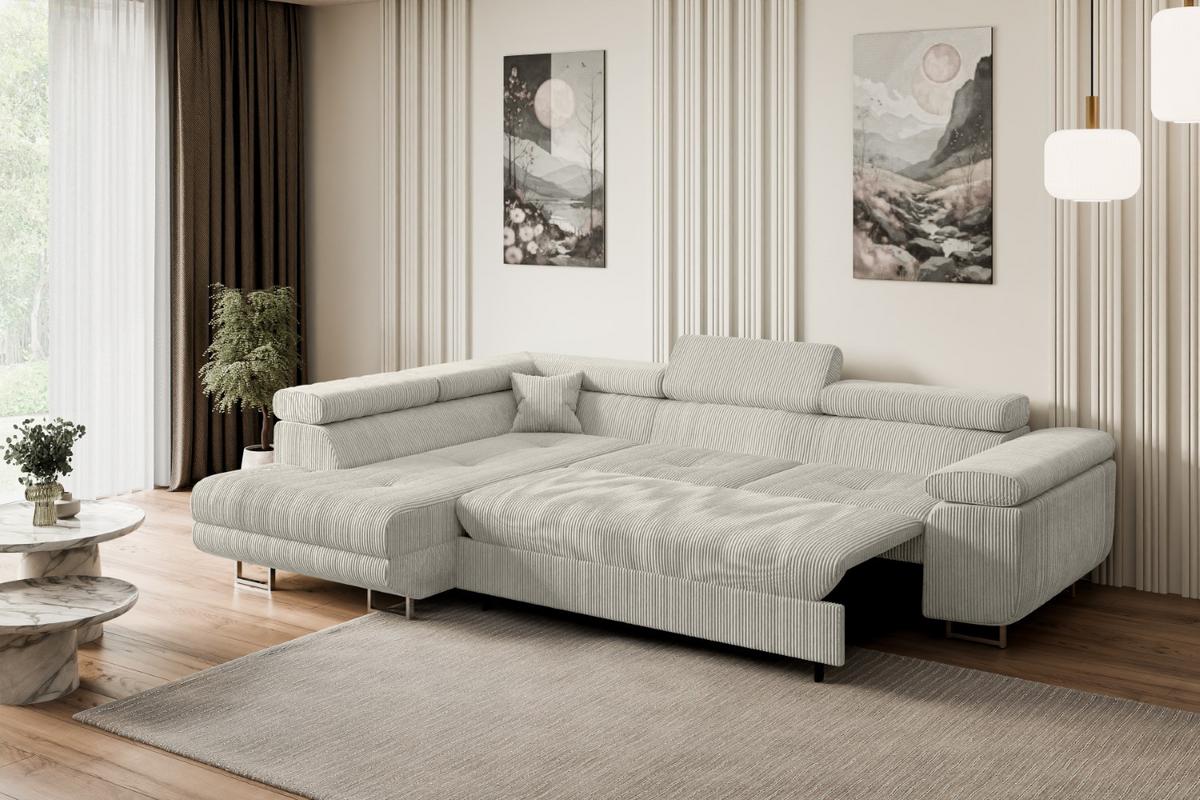 ECKSOFA mit Schlaffunktion und Bettkasten GUSA-L 272x202x107 cm Creme Cord - Silberfarben/Hellgrau, Holzwerkstoff/Textil (202/272cm) - ALTDECOR