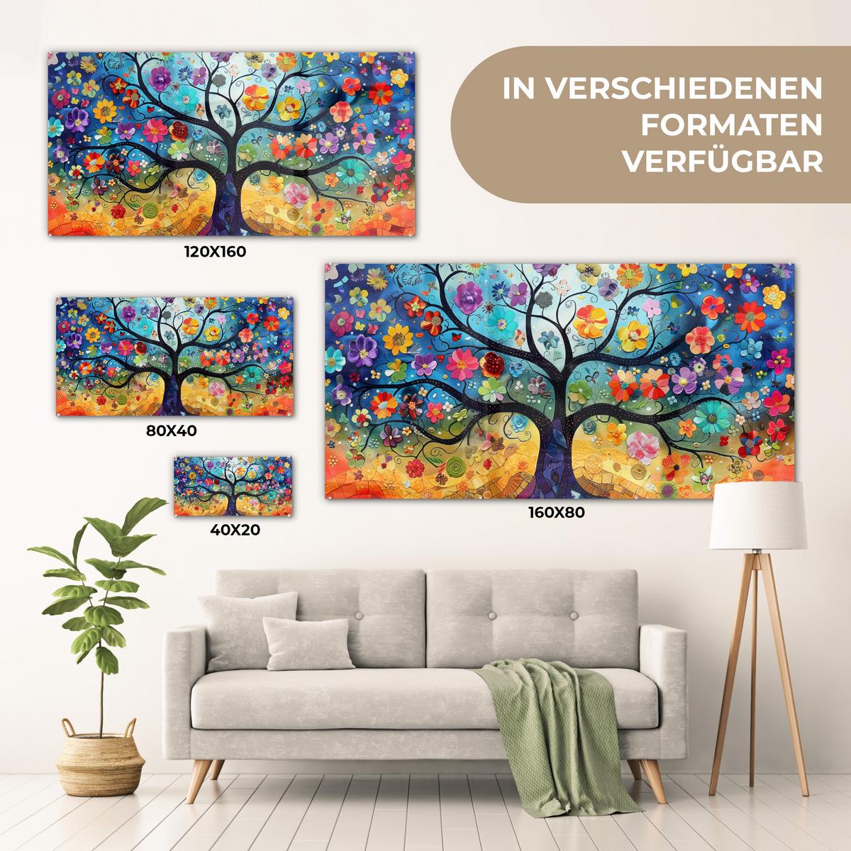 ACRYLGLASBILD Kunst - Baum des Lebens - Blumen - Hippie 120x60 cm - Dunkelblau, Glas (120/60cm) - MuchoWow