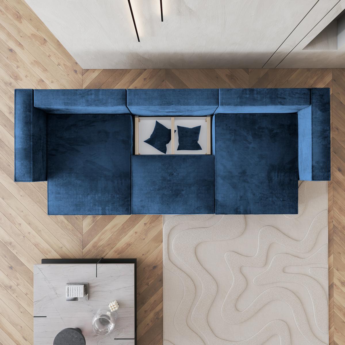 WOHNLANDSCHAFT SARMO M Blau Velours-Stoff mit Schlaffunktion - Blau/Grau, Holz/Kunststoff (347/70/148cm) - MASSENO