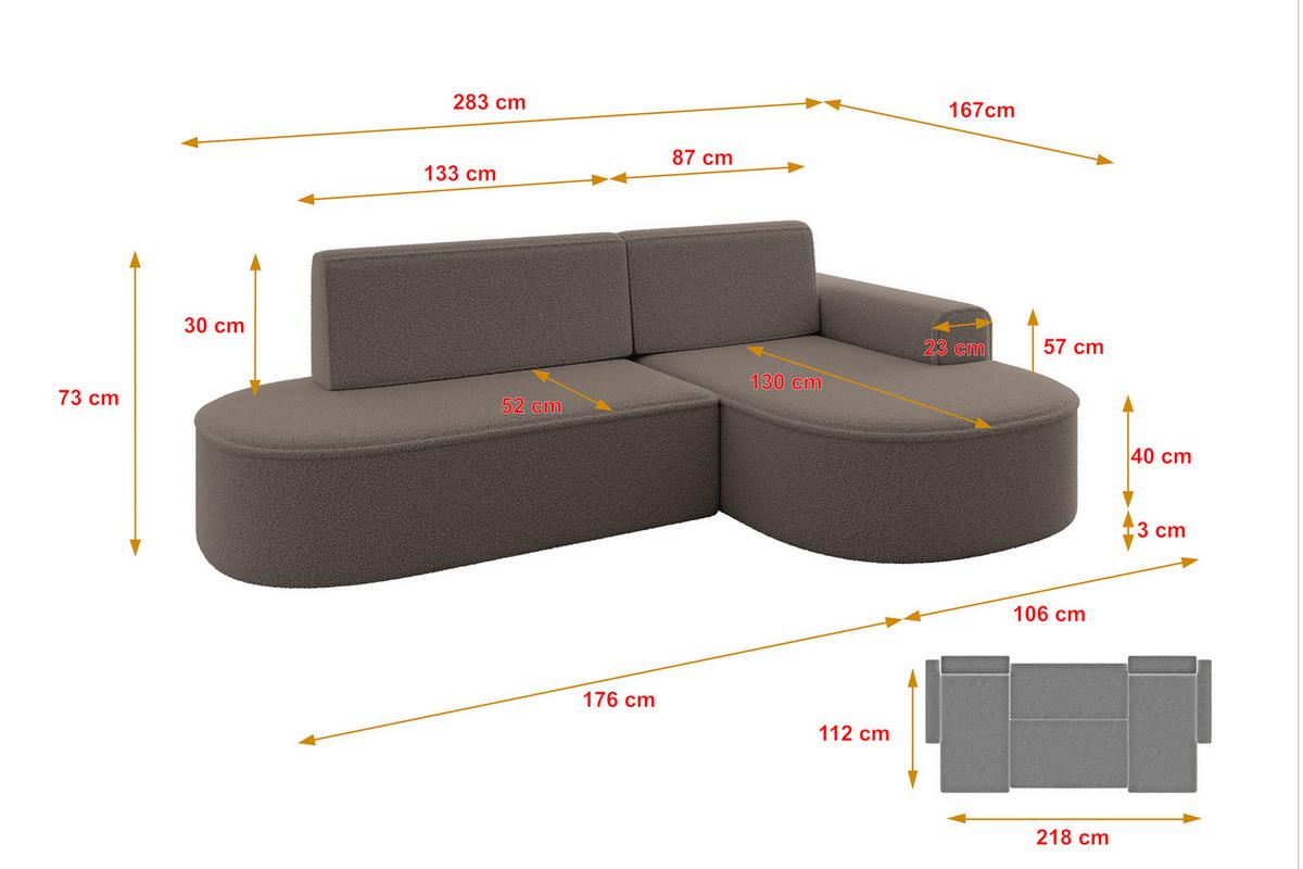 ECKSOFA mit Schlaffunktion und Bettkasten Ottomane Rechts MARI-L1-S - 283x167x73 cm Braun Bouclé - Schwarz/Braun, Holzwerkstoff/Kunststoff (167/283cm) - ALTDECOR