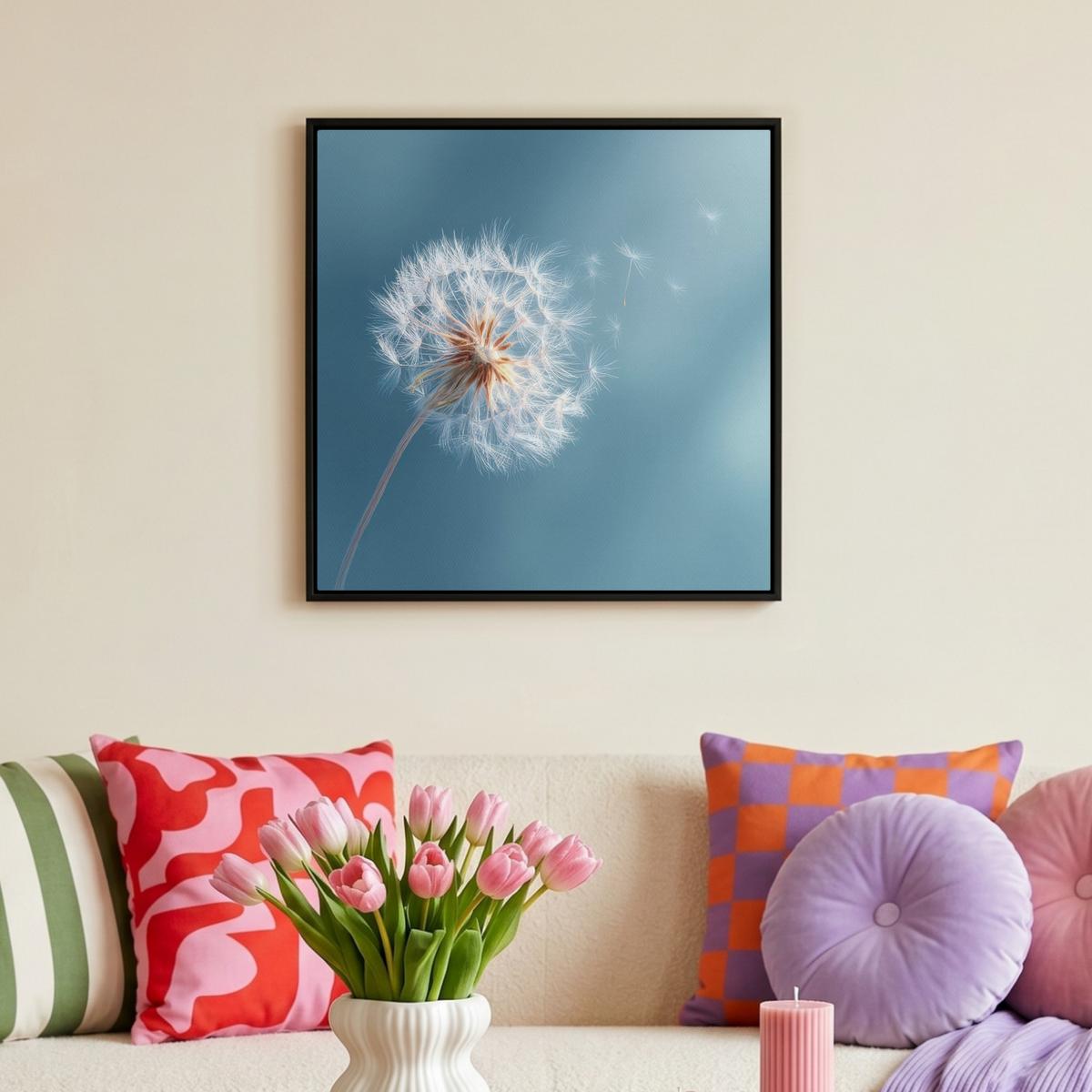 LEINWAND Bilder mit Rahmen - Löwenzahn - Wind - Blau - 50x50 - Blaugrau, Textil (50/50cm) - MuchoWow