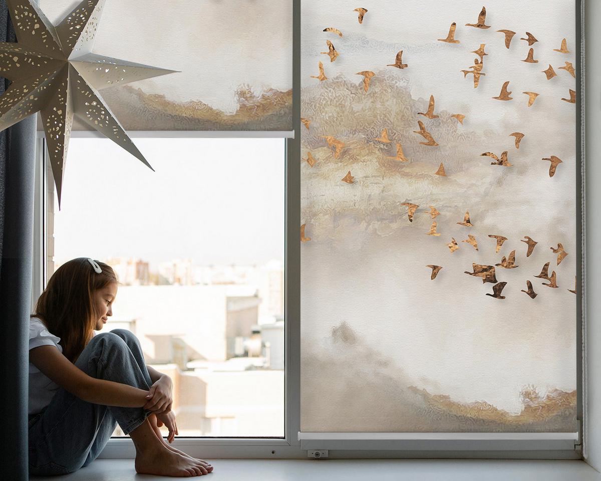 INNENROLLO - Fensterrollo - Rollo - 150x180 cm - Ein Vogelschwarm - Grau, Kunststoff (150/180/0.5cm) - TULUP