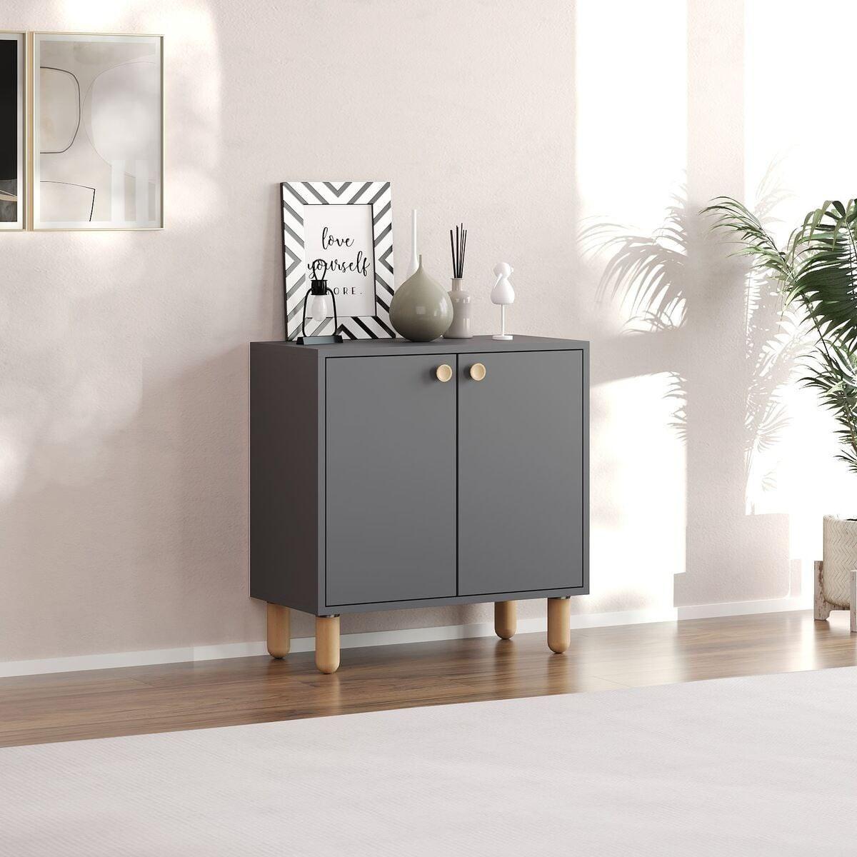 SIDEBOARD mit 2 Türen und Füßen aus massivem Buchenholz 36/72/73 cm - Anthrazit, Holzwerkstoff (36/73/43cm) - Calicosy