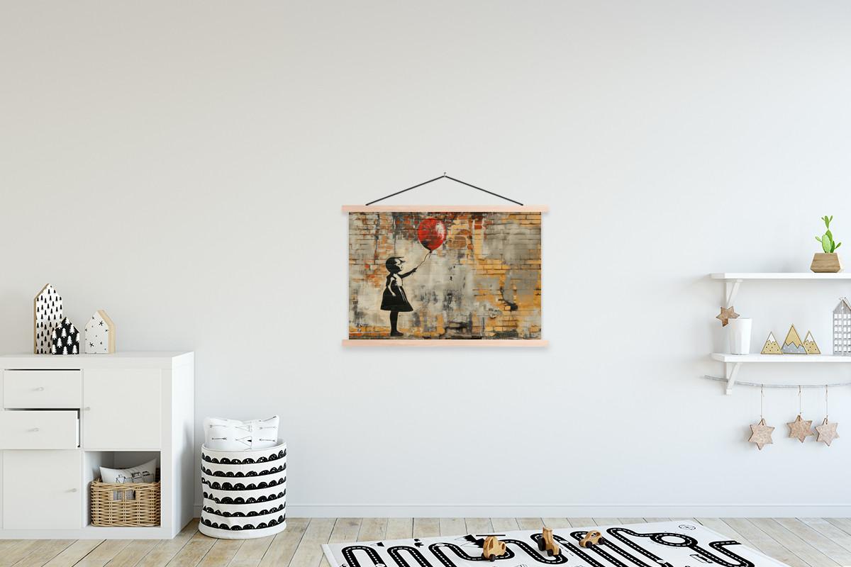 POSTER MIT MAGNETLEISTEN Graffiti - Banksy - Mädchen - Straßenkunst Wanddeko 90x60 cm - Sandfarben, Textil (90/60/0.15cm) - MuchoWow