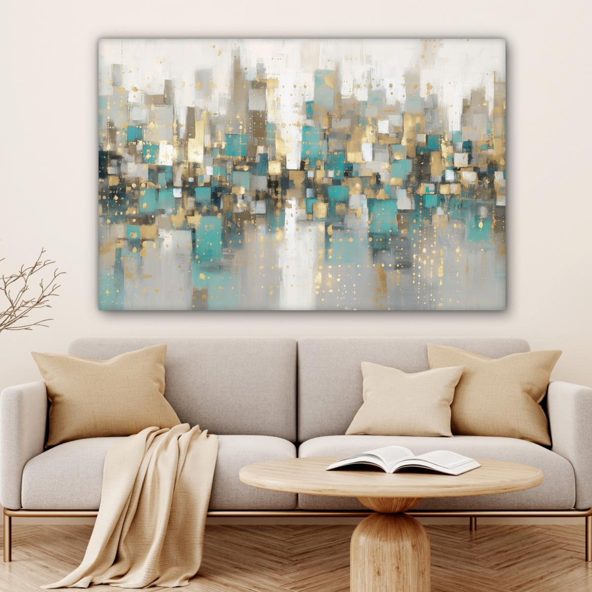 LEINWANDBILD Abstrakt - Blöcke - Gold - Skyline Wohnzimmer Groß 120x80 cm - Beige, Textil (120/80cm) - MuchoWow
