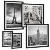 BILDER SET 5er Set - 50x50 cm & 20x30 cm & 40x60 cm Schwarzer Rahmen - Neonlinienwellen im Hintergrund - Schwarz, Kunststoff (40/60cm) - TULUP