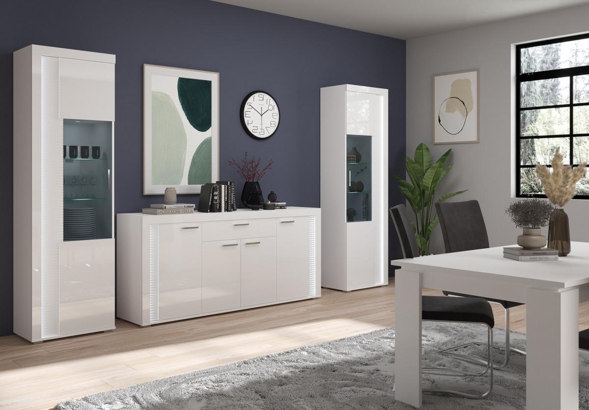VITRINE weiß Hochglanz 60 x 200 cm, Soft-Close-Funktion, inkl. Beleuchtung - Weiß Hochglanz/Silberfarben, Glas/Holzwerkstoff (60/202/37cm) - Inn.Furn