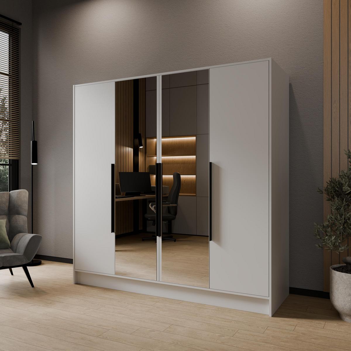 DREHTÜRENSCHRANK RENVO 200/200/51 cm Modern Kleiderschrank 4-türig mit Spiegel Weiß - Weiß, Holzwerkstoff (200/200/51cm) - MASSENO