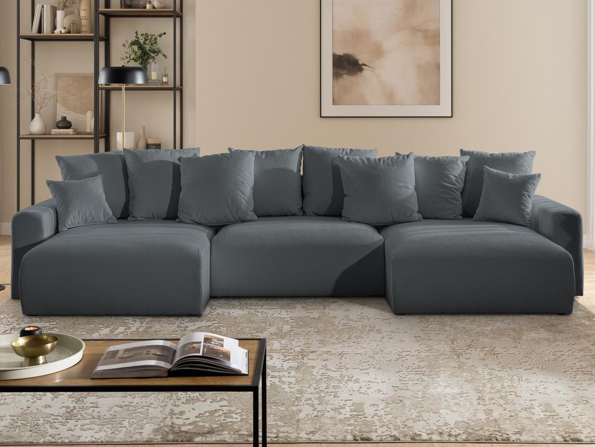 WOHNLANDSCHAFT Calma mit Schlaffunktion und Bettkasten im Bumpy-Design aus weichem Dunkelgrau Webstoff - Dunkelgrau/Schwarz, Holz/Textil (336/88/140cm) - S-Style