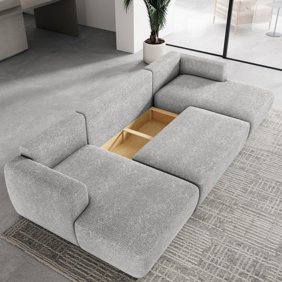 WOHNLANDSCHAFT SENTUM N Hellgrau Boucle-Stoff mit Schlaffunktion - Hellgrau/Schwarz, Holz/Kunststoff (330/90/148cm) - MASSENO