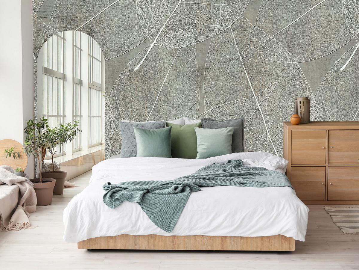 FOTOTAPETE für Schlafzimmer Weiße Blätter auf Beton 100x70 - Weiß/Grau, Papier (100/70cm) - Muralo