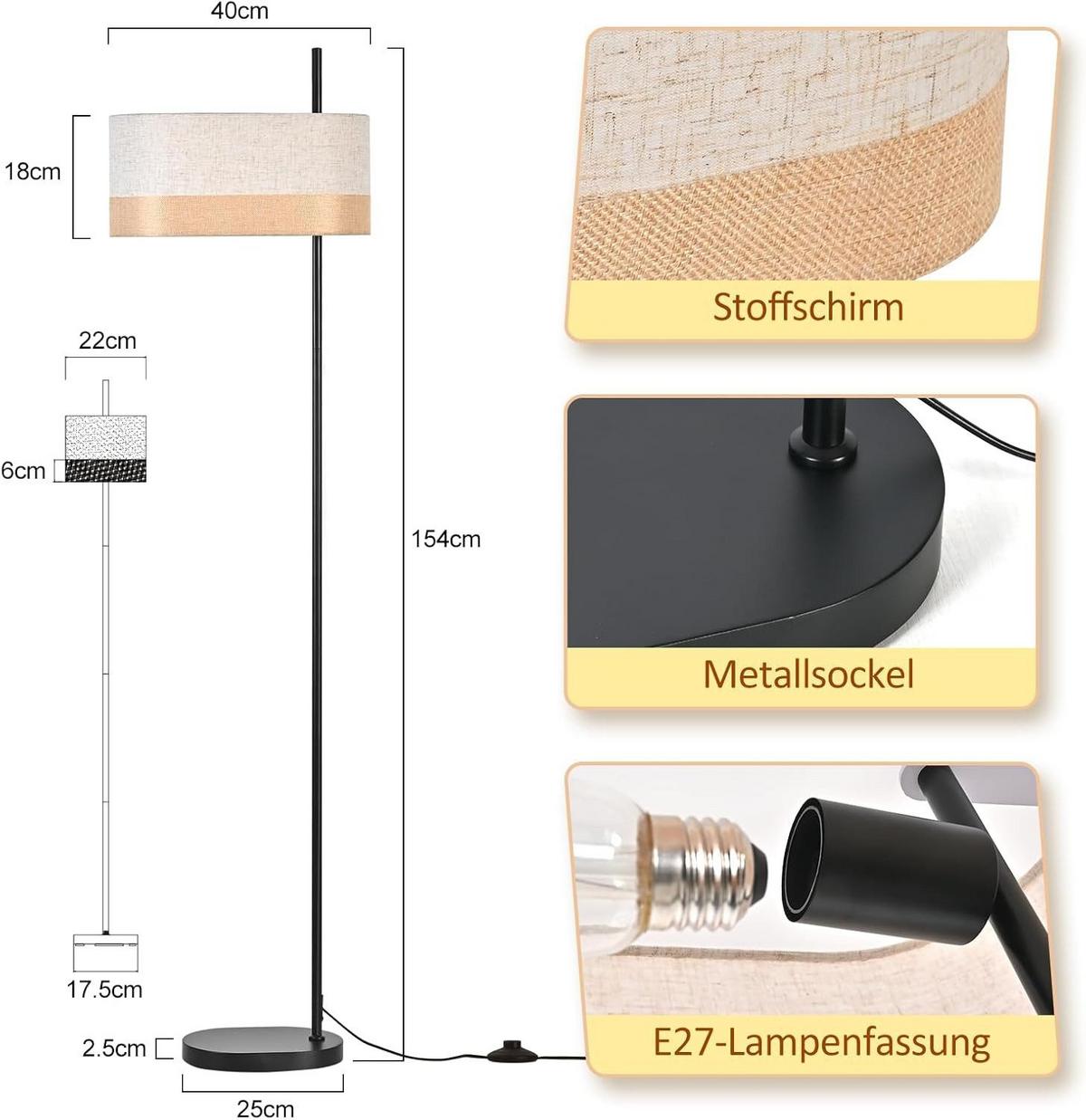 STEHLAMPE CAGE Ⅲ 40/25/154 cm - Schwarz, Metall (40/25/154cm) - Nettlife