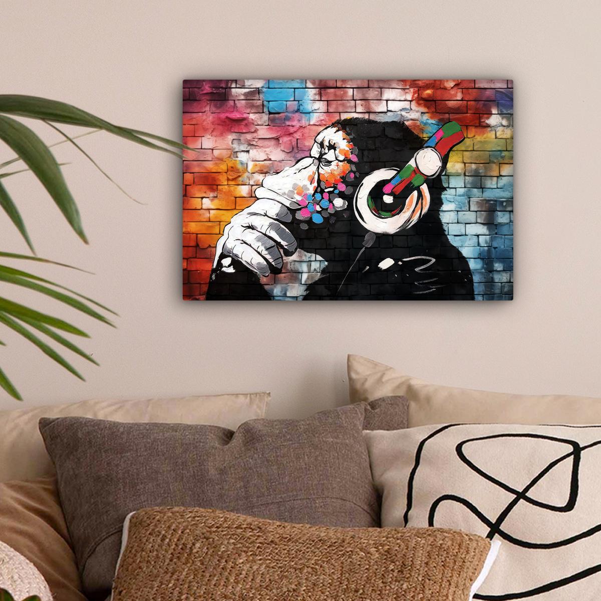 LEINWANDBILD Affe - Graffiti - Musik Deko Schlafzimmer 30x20 cm - Multicolor, Textil (30/20cm) - MuchoWow