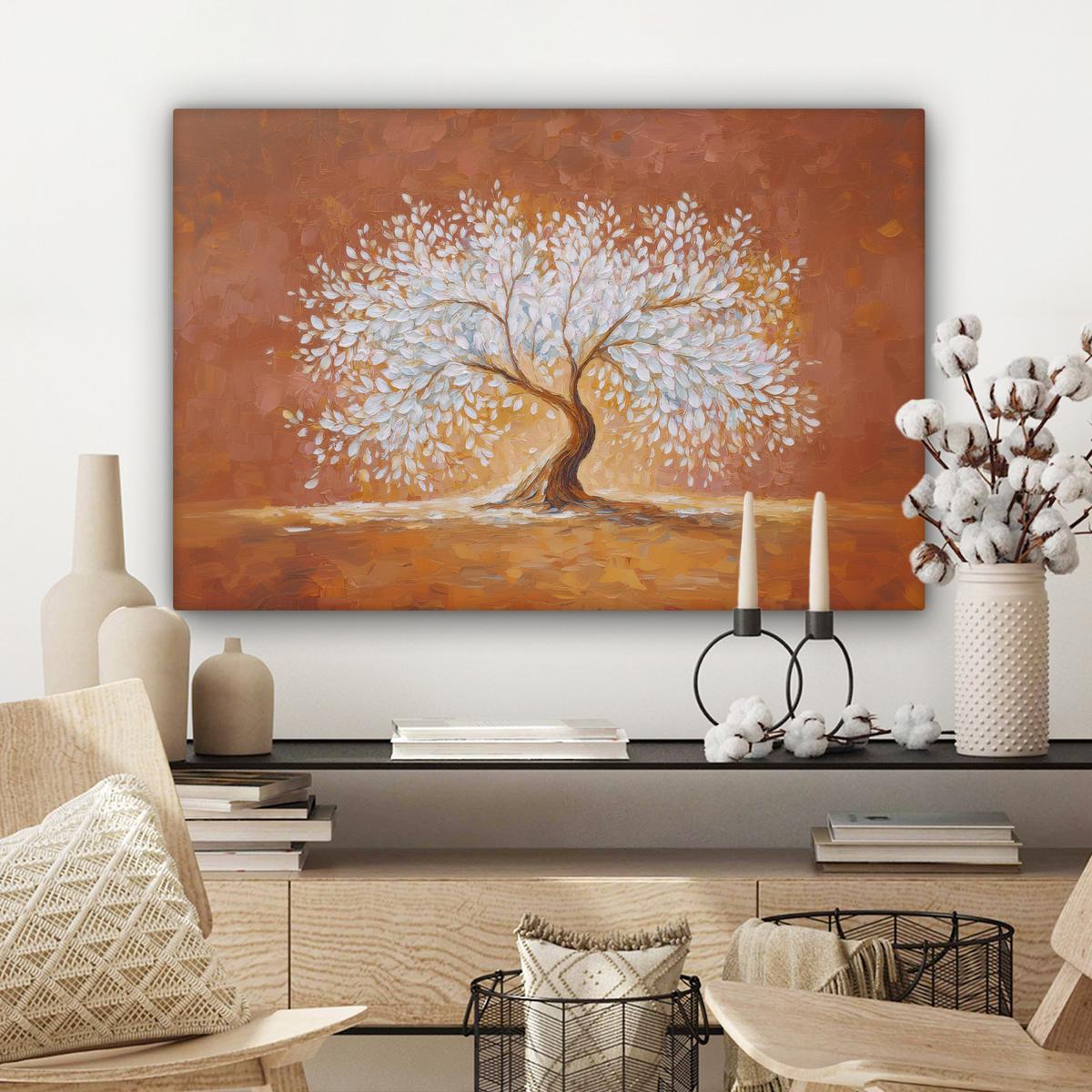 LEINWANDBILD Abstrakt - Baum - Weiß - Blätter Wanddeko 90x60 cm - Braun, Textil (90/60cm) - MuchoWow