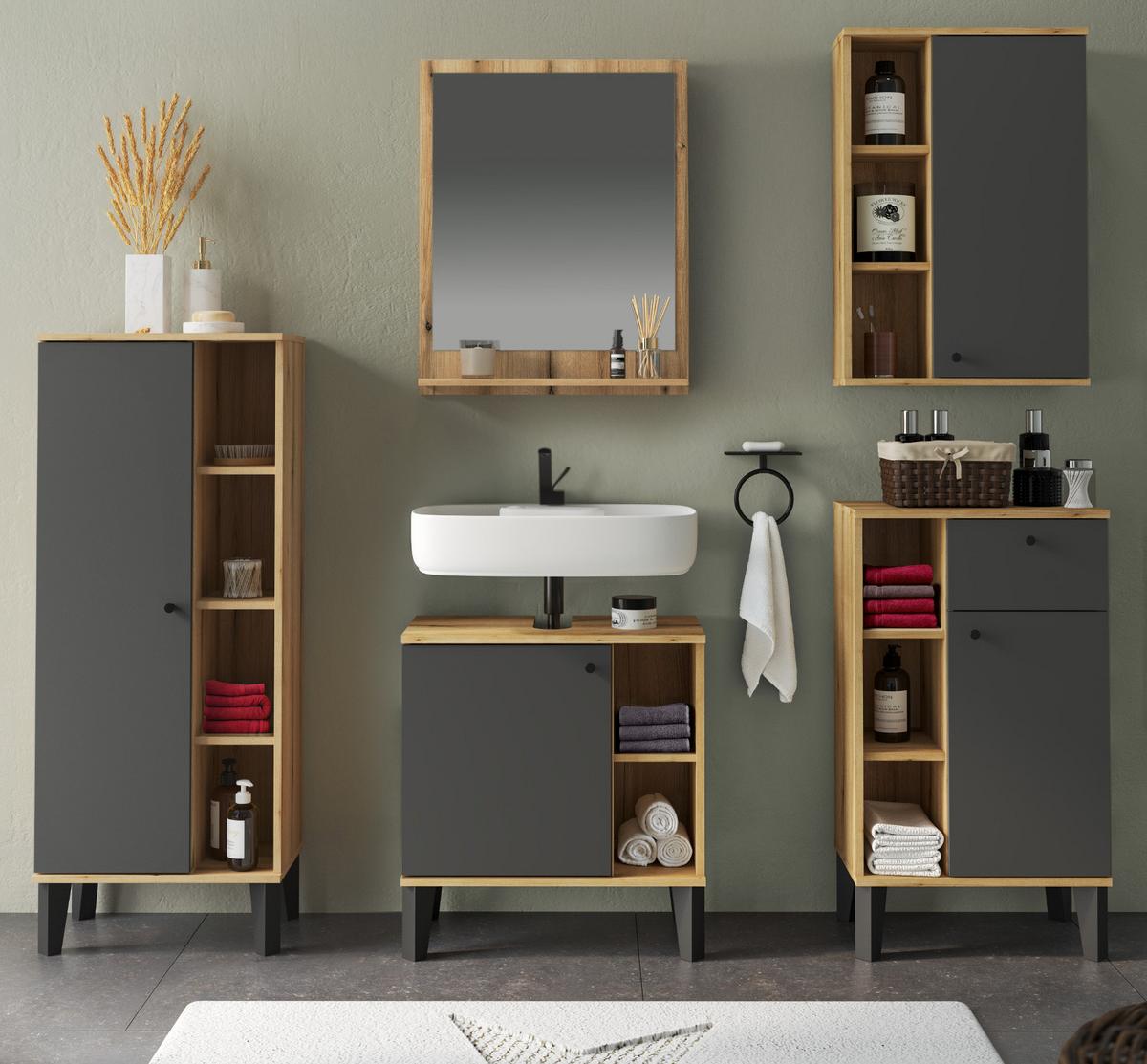 BADMÖBEL-SET 5-teilig grau, Evoke Eiche, Badkombination, 182 x 190 cm - Eichefarben/Grau, Glas/Holzwerkstoff (182/190/33cm) - Furn.Design